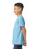 A blue youth t-shirt is displayed on a child, shown from the side, featuring a simple design and a logo.
