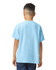 A light blue youth T-shirt with short sleeves, featuring a logo on the back.