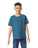 A youth t-shirt in teal, displayed on a smiling child. The shirt has short sleeves and a round neckline.