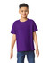 A purple youth T-shirt on a child, featuring a simple design and short sleeves. It has a branding logo.