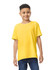 A yellow youth t-shirt displayed on a child, featuring short sleeves and a relaxed fit. It has a logo.