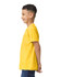 A yellow youth t-shirt displayed on a child, featuring short sleeves and a logo.