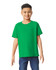 A bright green youth T-shirt featuring short sleeves and a crew neck, displayed on a smiling child.