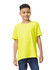 A bright yellow youth t-shirt with a loose fit, featuring a logo on the front.