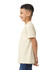 A light beige youth t-shirt displayed on a model in profile view, featuring a logo on one side.