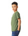 A youth t-shirt in olive green, featuring short sleeves and a classic crew neck design. It has a logo on it.