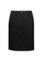 A black women's skirt with a straight cut, featuring a front zipper and waistband with a button. It has a logo on the waistband.