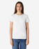 A white ladies' T-shirt made from heavy cotton, featuring a simple design and a logo. Model wearing blue jeans.
