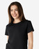 A black Gildan Heavy Cotton Ladies' T-Shirt displayed on a smiling woman, featuring a simple design and casual fit.