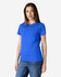 A blue Gildan Heavy Cotton Ladies' T-Shirt displayed on a model, featuring a classic crew neck and short sleeves.