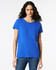 A blue Gildan Heavy Cotton ladies' T-shirt with a round neckline and short sleeves, featuring a logo.