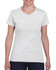 A light grey short-sleeve women's T-shirt displayed on a model, featuring a round neckline and a simple design.