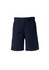 A pair of navy dress shorts for women featuring a front button and side pockets, with a logo on the side.