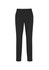 A pair of black classic slim pants with a straight cut and button closure, featuring a subtle texture.