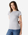 A grey Gildan Softstyle ladies' T-shirt, featured on a model, styled with blue jeans. The shirt has a logo.