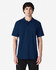 A model wearing a navy blue Gildan Softstyle Adult Double Pique Polo. The polo has a logo on it.