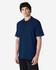 A model wearing a navy blue Gildan Softstyle Adult Double Pique Polo with a logo on the chest.