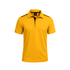 A yellow polo shirt with a collar, featuring black accents and a logo on the neckline.