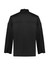 A black long sleeve jacket with a high collar and side vents, featuring a logo on the sleeve.