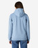 A light blue hooded sweatshirt with a kangaroo pocket and a logo on the back.