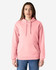 A pink hooded sweatshirt features a front pocket and a drawstring hood, modelled by a person.