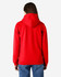 A red Gildan Softstyle adult hooded sweatshirt shown from the back, featuring a hood and long sleeves.