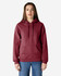 A maroon hooded sweatshirt with a front pocket and drawstrings, featuring a logo on the chest.
