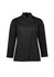A black long sleeve chef jacket with a mandarin collar and pockets, featuring a logo. 