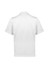 A white short sleeve chef jacket featuring a simple design and a back button closure, with a logo present.