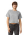 A grey women's boxy t-shirt with short sleeves, displayed on a model. The shirt has a logo.