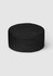 A black flat top hat with a mesh design, featuring a rounded shape and a branded logo.