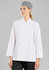 A white long sleeve chef jacket worn by a woman, paired with a grey checkered chef hat. The model is facing forward.