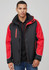 A unisex jacket featuring a black body with red sleeves and details, equipped with a hood and a branded logo.