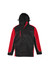 A unisex jacket featuring black and red panels, with a hood and zippered pockets, and a logo detail.