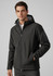 A men's soft shell jacket in black, featuring a hood, zip closure, and pockets, with branding on the sleeve.