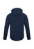 A soft shell jacket in navy blue featuring a hood and a logo on the sleeve.