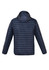 A unisex soft shell jacket in navy blue with a hood, showcasing a quilted design on the back and a logo.