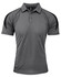 A grey polo shirt with black shoulder accents and a logo on the chest area.