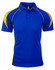 A short-sleeved polo shirt in vibrant blue with yellow accents and a logo on the chest.