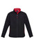 A black soft shell jacket with red accents and zippered pockets, featuring a branding logo.