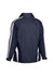 A navy unisex flash jacket featuring white side stripes and a branding logo.