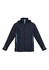 A unisex jacket in navy blue with light blue accents, featuring a hood and zip-up front, and has a logo.