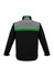 A black unisex soft shell jacket with a grey top and green stripe across the shoulders. Features a logo.