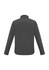 A grey jacket with long sleeves and a high collar, featuring a logo on the back.