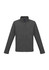 A soft shell jacket in grey with long sleeves and a high collar, featuring zippered pockets and a logo.
