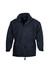 A black unisex puffer jacket featuring a zip and button closure, adjustable cuffs, and a collar. It has a logo.