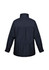 A black unisex puffer jacket with a back view, featuring a logo on the side.