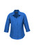 A blue women's 3/4 sleeve shirt with a collared neckline and button front. It features a logo on the label.