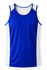 A blue singlet with white side panels and a logo. Suitable for casual wear or sports activities.