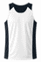 A men's singlet featuring a white front and navy blue sides, designed for casual wear or athletic use.
